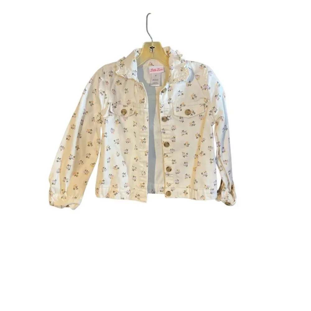 Little less girls, floral print ivory denim jacket, size 6